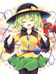  1girl :o ^_^ black_headwear black_legwear blush bow breasts closed_eyes closed_eyes commentary_request cowboy_shot double_w flower frilled_sleeves frills green_hair green_skirt hands_up hat hat_bow heart heart_of_string highres koishi_day komeiji_koishi long_sleeves looking_at_viewer maturiuta_sorato medium_breasts miniskirt open_mouth pantyhose pink_flower pink_rose red_flower red_rose rose shirt short_hair skirt solo standing third_eye touhou w white_background wide_sleeves yellow_bow yellow_shirt 