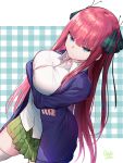  1girl bangs black_ribbon blue_cardigan blue_eyes blunt_bangs blush breasts cardigan closed_mouth collarbone collared_shirt crossed_arms eyebrows_visible_through_hair glaring go-toubun_no_hanayome green_skirt hair_ornament hair_ribbon half-closed_eyes highres large_breasts long_hair long_sleeves looking_at_viewer nakano_nino oekakizuki open_cardigan open_clothes pink_hair pleated_skirt ribbon shirt signature skindentation skirt solo thigh-highs untucked_shirt very_long_hair white_legwear white_shirt 