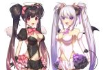  +_+ 2girls :d absurdres angel angel_wings arms_at_sides bare_shoulders black_hair breasts demon_girl demon_horns demon_tail demon_wings elbow_gloves eyebrows_visible_through_hair eyes_visible_through_hair fang frills gloves gradient_hair halo highres horns kirisaki_(miku-azu-2525) large_breasts looking_at_viewer multicolored_hair multiple_girls navel necktie open_mouth original puffy_sleeves purple_hair red_eyes redhead ribbon slit_pupils smile symbol-shaped_pupils tail tareme tsurime twintails two-tone_hair violet_eyes virtual_youtuber white_background white_hair wings 