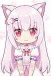  1girl :3 animal_ear_fluff animal_ears bangs bell bow cat_ears cat_hair_ornament closed_mouth collared_dress commission dress eyebrows_visible_through_hair grey_hair hair_between_eyes hair_ornament hairclip hitsuki_rei indie_virtual_youtuber jingle_bell long_hair looking_at_viewer puffy_short_sleeves puffy_sleeves red_bow red_eyes short_sleeves solo vanilla_shironeko very_long_hair virtual_youtuber watermark white_dress 