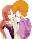  2girls audrey_burne blush brown_hair commentary_request gacha-m green_eyes gundam gundam_unicorn long_hair marida_cruz military military_uniform mineva_lao_zabi multiple_girls open_mouth orange_hair redhead short_hair simple_background uniform white_background yuri 