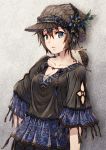  1girl animal animal_on_shoulder black_pants blue_eyes breasts brown_hair brown_headwear cleavage collarbone hair_between_eyes hat hedgehog highres looking_at_viewer medium_breasts original pants sho_(sumika) short_hair short_sleeves solo 