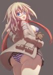  1girl :d as_val_(girls_frontline) ass bikini blonde_hair breasts brown_background girls_frontline glasses highres jacket long_hair looking_at_viewer open_mouth osabachan pleated_skirt scarf simple_background skirt smile solo striped striped_bikini stuffed_animal stuffed_toy swimsuit teddy_bear teeth 
