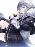  1girl aqua_eyes bangs black_legwear cloak eyebrows_visible_through_hair fate/grand_order fate/strange_fake fate_(series) fur_trim gray_(lord_el-melloi_ii) grey_hair hair_between_eyes highres holding hood hood_up long_sleeves looking_at_viewer overlay_(0verray) short_hair sitting solo 