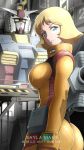  1girl ass blonde_hair blue_eyes breasts closed_mouth commentary_request graphite_(medium) gundam highres laofuzi_dai_bansho large_breasts looking_at_viewer mecha pilot_suit rx-78-2 sayla_mass short_hair smile solo traditional_media 