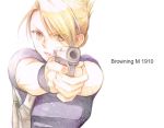  1girl asymmetrical_bangs bangs blonde_hair brown_eyes browning_m1910 firing_at_viewer fullmetal_alchemist gun hinase001 holding holding_gun holding_weapon looking_at_viewer parted_lips riza_hawkeye short_hair short_sleeves simple_background solo upper_body v-shaped_eyebrows weapon white_background 