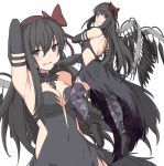  1girl akemi_homura akuma_homura arm_behind_head bare_back black_hair bow breasts cleavage covered_navel elbow_gloves feathers gloves groin hair_bow hair_ribbon long_hair mahou_shoujo_madoka_magica mahou_shoujo_madoka_magica_movie medium_breasts purple_bow purple_ribbon ribbon shiseki_hirame side_slit smile solo thigh-highs thighs violet_eyes white_background wings 