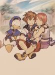  1girl brown_eyes brown_hair closed_mouth commentary_request donald_duck fingerless_gloves gloves jewelry kairi_(kingdom_hearts) kingdom_hearts kingdom_hearts_i maekakekamen multiple_boys necklace open_mouth redhead short_hair smile sora_(kingdom_hearts) spiky_hair 