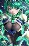  1girl armor artist_request bangs breasts earrings gloves green_eyes green_hair highres jewelry large_breasts long_hair looking_at_viewer nintendo pneuma_(xenoblade) ponytail simple_background smile solo spoilers swept_bangs tiara very_long_hair xenoblade_(series) xenoblade_2 