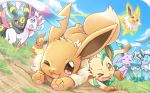  :d :o ;d blue_eyes blue_sky blush brown_eyes clouds creatures_(company) day dutch_angle eevee espeon flareon forehead_jewel game_freak gen_1_pokemon gen_2_pokemon gen_4_pokemon gen_6_pokemon glaceon grass jolteon leafeon looking_at_viewer motion_lines nintendo no_humans one_eye_closed open_mouth outdoors pokemon pokemon_(creature) red_eyes sky smile sweatdrop sylveon tripping umbreon vaporeon wataametulip 