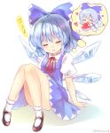  1girl ^_^ arm_support ass bare_legs black_footwear blue_bow blue_dress blue_hair blush bobby_socks bow breasts chibi cirno closed_eyes closed_eyes commentary_request convenient_leg dress food fruit full_body hair_bow head_tilt heart highres ice ice_wings mary_janes neck_ribbon open_mouth pinafore_dress puffy_short_sleeves puffy_sleeves ramudia_(lamyun) red_neckwear red_ribbon ribbon shirt shoes short_dress short_sleeves simple_background sitting sleeping sleeping_upright small_breasts socks solo strawberry strawberry_shortcake thighs thought_bubble touhou translation_request white_background white_legwear white_shirt wings zzz 