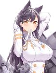  1girl adjusting_hair animal_ears atago_(azur_lane) azur_lane bangs black_hair blush breasts brown_eyes double-breasted gloves hasu_(hk_works) large_breasts looking_at_viewer mole mole_under_eye simple_background smile solo white_background white_gloves 