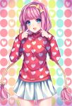  1girl absurdres artist_name blue_eyes blush bow breasts eyebrows_visible_through_hair hair_bow hairband heart heart_print highres index_fingers_raised long_hair long_sleeves looking_at_viewer medium_breasts open_mouth original pink_hair red_shirt sasucchi95 shirt signature skirt sleeves_past_wrists smile solo twintails very_long_hair white_skirt yellow_bow 