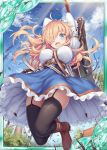  1girl :d akkijin belt blonde_hair blue_eyes boots breasts card_(medium) dress eyebrows_visible_through_hair house huge_weapon jumping large_breasts multicolored multicolored_clothes multicolored_dress official_art one_eye_covered open_mouth outdoors shinkai_no_valkyrie smile sword thigh-highs weapon windmill 
