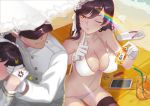  1boy absurdres anger_vein animal_ears atago_(azur_lane) atago_(midsummer_march)_(azur_lane) azur_lane bangs beach_mat bikini black_hair blush bottle bow breasts brown_eyes cleavage closed_mouth commander_(azur_lane) day extra_ears finger_to_mouth flower gloves hair_between_eyes hair_bow hair_flaps hair_flower hair_ornament hair_ribbon hat highres holding holding_bottle lanyaojun large_breasts long_hair looking_at_another lotion military military_uniform mole mole_under_eye multiple_girls navel one_eye_closed outdoors parted_lips peaked_cap ponytail ribbon shiny shiny_skin shushing sitting smile swept_bangs swimsuit takao_(azur_lane) thigh-highs uniform white_bikini white_bow white_gloves white_ribbon 