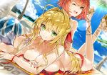  2girls ;d absurdres ahoge alternate_costume ass beach bikini bird blonde_hair blue_sky braid breasts closed_mouth cross-laced_footwear day dutch_angle eyebrows_visible_through_hair fate/grand_order fate_(series) fujimaru_ritsuka_(female) green_eyes hair_intakes hair_ribbon high_heels highres horizon kou_mashiro large_breasts lens_flare long_hair looking_at_viewer lying multiple_girls nero_claudius_(fate)_(all) nero_claudius_(swimsuit_caster)_(fate) on_stomach one_eye_closed open_mouth outdoors red_bikini redhead ribbon sandals side_braid sidelocks sitting sky smile striped striped_bikini swimsuit untied untied_bikini upper_teeth 