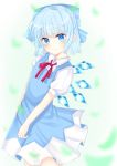  1girl bangs blouse blue_dress blue_eyes blue_hair blue_ribbon blush bow cirno closed_mouth commentary_request dress dress_shirt eyebrows_visible_through_hair hair_between_eyes hair_bow ice ice_wings looking_at_viewer neck_ribbon neckwear nibosisuzu pinafore_dress puffy_short_sleeves puffy_sleeves red_neckwear red_ribbon ribbon shirt short_hair short_sleeves smile solo standing touhou white_blouse white_shirt wing_collar wings 