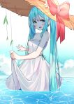  1girl bangs bare_arms bare_shoulders blue_eyes blue_hair blue_sky blush bow breasts cleavage clouds day dress eyebrows_visible_through_hair flower hair_between_eyes hat hat_bow hat_flower hatsune_miku long_hair medium_breasts open_mouth outdoors red_bow round_teeth skirt_hold sky solo strapless strapless_dress straw_hat teeth twintails upper_teeth very_long_hair vocaloid w.k wading water white_dress white_flower 