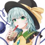  1girl adapted_costume bangs bare_shoulders black_headwear breasts bubble_tea commentary_request cup disposable_cup drinking drinking_straw dtvisu eyebrows_visible_through_hair frilled_shirt_collar frills green_eyes green_hair green_nails hair_between_eyes hand_up hat hat_ribbon heart heart_of_string holding holding_cup komeiji_koishi looking_at_viewer medium_breasts nail_polish ribbon shirt short_hair simple_background sleeveless sleeveless_shirt solo third_eye touhou upper_body white_background yellow_ribbon yellow_shirt 