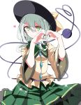  1girl blush bow collared_shirt cowboy_shot eyeball frilled_sleeves frills green_eyes green_hair green_skirt hat hat_ribbon heart heart-shaped_pupils heart_hands heart_of_string highres koishi_day komeiji_koishi long_sleeves looking_at_viewer oouso petticoat ribbon shirt short_hair simple_background skirt smile solo sparkle symbol-shaped_pupils third_eye touhou wavy_hair white_background wide_sleeves yellow_shirt 