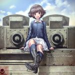  1girl 7tp :d absurdres akiyama_yukari arm_support bangs black_footwear black_legwear blue_jacket blue_sky boots brown_eyes brown_hair character_name clouds cloudy_sky commentary_request day english_text eyebrows_visible_through_hair girls_und_panzer green_shirt ground_vehicle head_tilt highres jacket legs_crossed legs_up long_sleeves looking_at_viewer messy_hair military military_uniform military_vehicle miniskirt motor_vehicle ooarai_military_uniform open_mouth outdoors piroishi pleated_skirt shadow shirt short_hair skirt sky smile socks solo tank uniform white_skirt zipper 