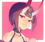  1girl bangs bare_shoulders blunt_bangs bob_cut border collarbone commentary eyeliner eyeshadow face fang fate/grand_order fate_(series) headpiece horns looking_at_viewer makeup momosa_(472166143) oni oni_horns pink_background pink_eyes purple_hair short_eyebrows short_hair shuten_douji_(fate/grand_order) simple_background skin_fang smile solo tsurime white_border 