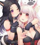  2girls akizone animal_ears bangs bare_arms bare_shoulders bell bell_collar black_gloves black_hair black_tail breasts character_request cleavage collar commentary corset eyebrows_visible_through_hair fangs final_fantasy fingerless_gloves fox_ears gloves grin heart highres large_breasts long_hair looking_at_another multiple_girls one_eye_closed parted_bangs paw_print red_eyes red_heart smile tail teeth upper_body violet_eyes white_hair 