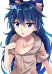  1girl bangs blue_bow blue_eyes blue_hair bow breasts collarbone commentary_request debt drawstring e.o. eyebrows_visible_through_hair grey_hoodie hair_between_eyes hair_bow hand_up highres hood hoodie long_hair looking_at_viewer open_mouth short_sleeves simple_background small_breasts solo touhou upper_body very_long_hair white_background yorigami_shion 