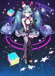  1girl aqua_eyes aqua_hair cube full_body gloves hair_between_eyes hat hatsune_miku highres long_hair looking_at_viewer magical_mirai_(vocaloid) microphone mini_hat mini_top_hat mismatched_legwear peta_(snc7) sidelocks sitting skirt smile solo star striped striped_legwear thigh-highs top_hat twintails vertical-striped_legwear vertical_stripes very_long_hair vocaloid 