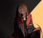  1boy against_wall alphonse_elric blonde_hair braid brown_eyes brown_pants coat collarbone edward_elric fullmetal_alchemist hair_over_shoulder helmet hood hood_down hooded_coat long_hair ninebirds pants ponytail red_coat single_braid sitting solo 