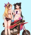  2girls absurdres ass back bangs bare_shoulders bikini black_ribbon blonde_hair blue_background blush breasts brown_bikini chewing_gum collarbone earrings ereshkigal_(fate/grand_order) eyewear_on_head fate/grand_order fate_(series) ground_vehicle hair_ribbon highres hoop_earrings ishtar_(fate/grand_order) ishtar_(swimsuit_rider)_(fate) jacket jewelry long_hair looking_at_viewer motor_vehicle motorcycle multiple_girls navel off_shoulder ohland one-piece_swimsuit open_clothes open_jacket open_mouth parted_bangs pink_jacket red_eyes red_ribbon ribbon simple_background sunglasses swimsuit thighs tohsaka_rin two_side_up white_swimsuit 
