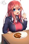  1girl ahoge bangs blazer blue_eyes blue_jacket blush breasts collared_shirt commentary_request curry curry_rice dress_shirt eyebrows_visible_through_hair food go-toubun_no_hanayome green_skirt hair_between_eyes hand_up highres holding holding_spoon jacket large_breasts long_hair looking_at_viewer nakano_itsuki open_blazer open_clothes open_jacket open_mouth plate pleated_skirt ramchi redhead rice shirt signature simple_background skirt solo spoon star sweater_vest table very_long_hair white_background white_shirt 