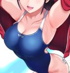  1girl :d armpits arms_up black_hair blue_swimsuit breasts cleavage competition_swimsuit cowboy_shot dutch_angle fang foreshortening head_out_of_frame highleg highleg_swimsuit jacket large_breasts lips miyamoto_issa one-piece_swimsuit open_clothes open_jacket open_mouth original sidelocks smile solo sweat swimsuit 