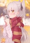  1girl absurdres amatsukaze_(kantai_collection) autumn autumn_leaves bangs black_ribbon blush cup day eyebrows_visible_through_hair fingernails from_side hair_between_eyes hair_ribbon highres holding holding_cup kantai_collection leaf long_hair long_sleeves looking_at_viewer maple_leaf orange_eyes outdoors ribbon scan scarf sidelocks silver_hair solo sweater takanashi_kei_(hitsujikan) upper_body very_long_hair 