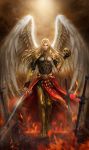  1boy absurdres angel angel_wings armor black_gloves blonde_hair brown_eyes brown_sky cape embers fantasy feathered_wings fire gloves greaves highres holding holding_skull holding_sword holding_weapon long_hair looking_at_viewer male_focus muxia_yue_nai original outdoors planted_sword planted_weapon red_cape red_eyes skull solo sword weapon white_wings wings yellow_neckwear 