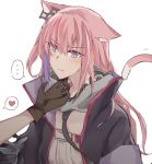  1girl animal_ears black_gloves blue_eyes blush brown_gloves cat_ears cat_tail character_request copyright_request fang gloves heart highres long_hair pink_hair solo solo_focus spoken_heart sweat tail white_background yuutama2804 