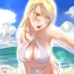  1girl 2012 beach bikini blonde_hair blue_sky breasts cleavage clouds collarbone criss-cross_halter dated day earrings erect_nipples fullmetal_alchemist halterneck jewelry large_breasts lens_flare long_hair looking_at_viewer mole mole_under_mouth ocean open_mouth outdoors riza_hawkeye s_(s_r2) shiny shiny_hair sideboob sky solo swimsuit thigh_gap white_bikini yellow_eyes 