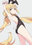  1girl animal_ears armpits arms_up blonde_hair breasts brown_eyes bunny_tail bunnysuit closed_mouth eyebrows_visible_through_hair fake_animal_ears futaba_anzu grey_background idolmaster idolmaster_cinderella_girls ixy long_hair looking_at_viewer low_twintails pink_scrunchie rabbit_ears scrunchie simple_background small_breasts solo standing tail thighs twintails very_long_hair wrist_scrunchie 