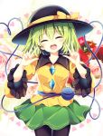  1girl :o ^_^ absurdres black_headwear black_legwear blush bow breasts closed_eyes closed_eyes commentary_request cowboy_shot double_w flower frilled_sleeves frills green_hair green_skirt hands_up hat hat_bow heart heart_of_string highres koishi_day komeiji_koishi long_sleeves looking_at_viewer maturiuta_sorato medium_breasts miniskirt open_mouth pantyhose pink_flower pink_rose red_flower red_rose rose shirt short_hair skirt solo standing third_eye touhou w white_background wide_sleeves yellow_bow yellow_shirt 