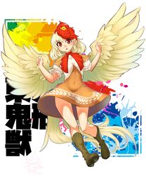  1girl ascot bangs bird blonde_hair boots chick covered_navel highres looking_at_viewer navel niwatari_kutaka open_mouth orange_skirt puffy_short_sleeves puffy_sleeves red_eyes red_neckwear redhead shirt short_hair short_sleeves skirt solo tail tail_feathers touhou umigarasu_(kitsune1963) white_shirt wings yellow_wings 