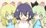  3girls :d :o anchovy arms_behind_back birthday_cake black_hair black_ribbon blonde_hair blue_shirt braid brown_eyes cake candle carpaccio child clenched_hands commentary drill_hair eyebrows_visible_through_hair finger_to_mouth food fruit girls_und_panzer green_eyes green_hair hair_ribbon jinguu_(4839ms) kindergarten_uniform long_hair long_sleeves multiple_girls open_mouth patch pepperoni_(girls_und_panzer) pleated_skirt red_eyes ribbon school_uniform shirt short_hair side_braid skirt smile standing strawberry strawberry_background twin_drills twintails yellow_skirt younger 