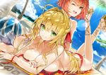 2girls ;d absurdres ahoge alternate_costume ass beach bikini bird blonde_hair blue_sky braid breasts brown_footwear butt_crack closed_mouth clouds commentary_request cross-laced_footwear day dutch_angle eyebrows_visible_through_hair fate/grand_order fate_(series) fujimaru_ritsuka_(female) glint green_eyes hair_between_eyes hair_intakes hair_ribbon heart high_heels highres horizon huge_filesize kou_mashiro large_breasts legs_up lens_flare long_hair looking_at_viewer lying multiple_girls nero_claudius_(fate)_(all) nero_claudius_(swimsuit_caster)_(fate) on_stomach one_eye_closed open_mouth outdoors red_bikini red_ribbon redhead ribbon round_teeth sand_writing sandals side_braid sidelocks sitting sky smile striped striped_bikini swimsuit teeth untied untied_bikini upper_teeth very_long_hair yellow_eyes 