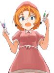  1girl bangs black_bow blue_eyes bow braid collared_dress commentary_request cowboy_shot dress girls_und_panzer hair_bow hat holding holding_syringe light_blush looking_at_viewer nurse nurse_cap open_mouth orange_hair orange_pekoe panties pantyshot pantyshot_(standing) parted_bangs pink_dress pink_headwear puffy_short_sleeves puffy_sleeves short_dress short_hair short_sleeves shuiro_(frog-16) simple_background smile solo standing syringe tied_hair twin_braids underwear white_background white_panties 