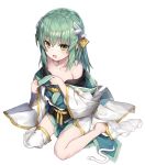  1girl alternate_breast_size bangs bare_legs barefoot collarbone commentary_request crossed_bangs eyebrows_visible_through_hair fate/grand_order fate_(series) flat_chest full_body green_eyes green_hair hair_between_eyes highres holding_clothes horns katoroku kiyohime_(fate/grand_order) long_hair looking_at_viewer off_shoulder open_mouth simple_background single_thighhigh solo straight_hair thigh-highs twitter_username white_background 