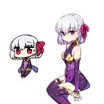  1girl armlet bangs bare_shoulders blush breasts chan_co chibi closed_mouth collarbone commentary_request dress earrings fate/grand_order fate_(series) gold hair_between_eyes hair_ribbon halterneck jewelry kama_(fate/grand_order) kneehighs leggings looking_at_viewer pink_ribbon purple_dress purple_legwear purple_sleeves red_eyes ribbon ring short_hair silver_hair simple_background sitting small_breasts solo thigh-highs thighlet thighs white_background white_hair 