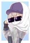  1girl absurdres ao_(flowerclasse) baseball_cap commentary eyebrows_visible_through_hair fingerless_gloves gloves hat highres hood hood_up hoodie looking_at_viewer looking_back silver_hair simple_background slow_loop solo sunglasses upper_body yoshinaga_koi 