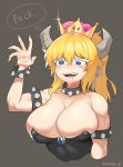  1girl bangs bare_shoulders black_collar blonde_hair blue_earrings bowsette bracelet breasts cleavage collar commentary_request cropped_torso crown dripping drooling earrings erect_nipples eyebrows_visible_through_hair eyelashes fingernails hand_up high_ponytail highres horns jewelry large_breasts long_hair super_mario_bros. new_super_mario_bros._u_deluxe nintendo open_mouth pinkboy pointy_ears ponytail profanity raised_eyebrow sharp_fingernails sharp_teeth sidelocks simple_background smile solo sparkle spiked_armlet spiked_bracelet spiked_collar spikes strapless super_crown tearing_up teeth thinking upper_body 