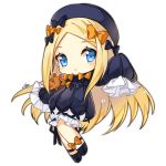  1girl :o abigail_williams_(fate/grand_order) bangs black_bow black_dress black_footwear black_headwear blonde_hair bloomers blue_eyes blush bow bug butterfly chibi commentary_request dress eyebrows_visible_through_hair fate/grand_order fate_(series) forehead full_body hair_bow hat insect long_hair long_sleeves looking_at_viewer object_hug orange_bow outstretched_arm parted_bangs parted_lips polka_dot polka_dot_bow shoes signature simple_background sleeves_past_fingers sleeves_past_wrists solo stuffed_animal stuffed_toy teddy_bear underwear very_long_hair vilor white_background white_bloomers 