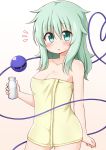  1girl bangs bare_arms bare_shoulders beige_background blush bottle breasts cleavage collarbone commentary_request cowboy_shot eyebrows_visible_through_hair gradient gradient_background green_eyes green_hair hair_between_eyes heart heart_of_string highres holding holding_bottle koishi_day komeiji_koishi long_hair looking_at_viewer medium_breasts naked_towel no_hat no_headwear parted_lips solo standing suwa_yasai sweat third_eye tokkuri touhou towel white_background 