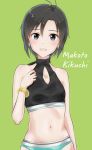  1girl antenna_hair black_bikini_top black_eyes black_hair blue_bikini_bottom bracelet breasts character_name collarbone earrings green_background hair_between_eyes highres idolmaster idolmaster_(classic) jewelry kikuchi_makoto looking_at_viewer mogskg navel open_mouth short_hair simple_background sketch small_breasts solo sports_bikini transparent 